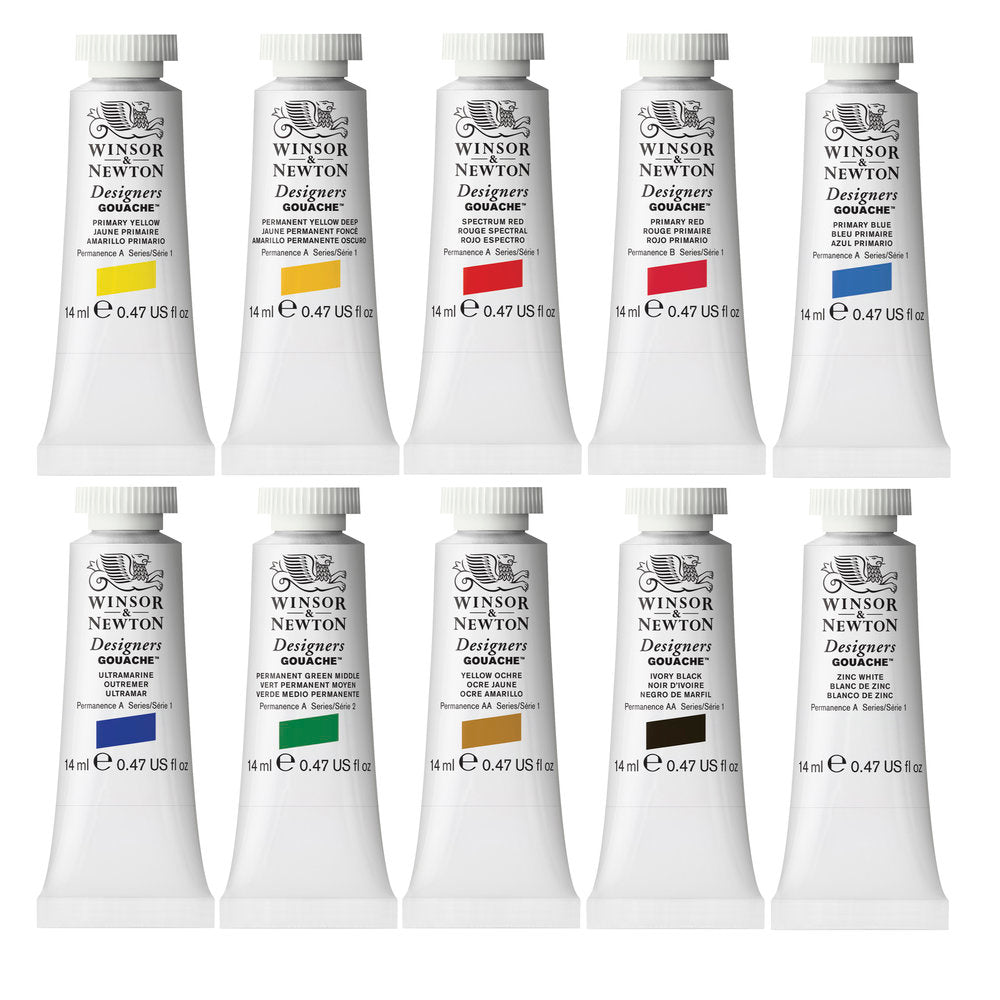 W&N 14mL Gouache. Primary Yellow, Permanent Yellow Deep, Spectrum Red, Primary Red, Ultramarine, Primary Blue, Permanent Green Middle, Yellow Ochre, Ivory Black, and Zinc White.